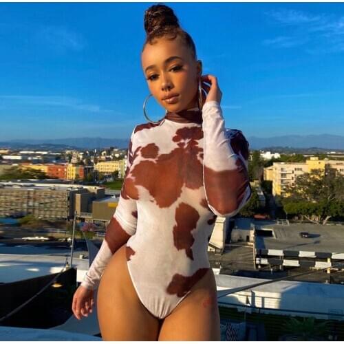 Skinny Cow Print Long Sleeve Women Bodycon Bodysuits Autumn 2020 Fashion Mock Neck Casual One Piece Bodysuit Streetwear