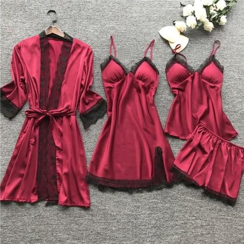 Women Sleepwear Lace Pajamas Sets Nightgown Kimono Bathrobe Gown Satin Lady Nighty&Robe Suit Sexy Home Clothes White Wedding