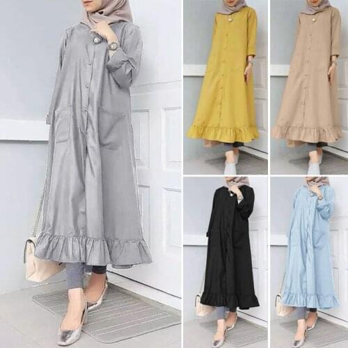 Autumn Women Retro Muslim Dress Kaftan Long Sleeve Ruffles Sundress Casual Solid Buttons Maxi Vestidos Turkey Hijab Dress Robe