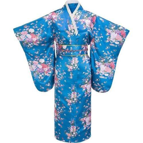 Fashion Lake Blue Evening Dress Japanese Women Tradition Yukata Kimono with Obi Vintage Cosplay Costume One Size