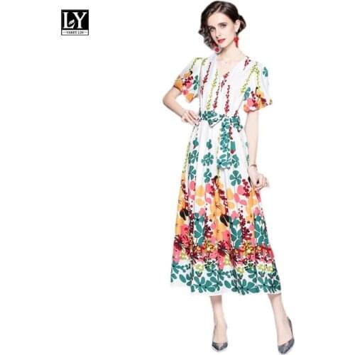LY VAREY LIN Summer Women Vintage Print Floral V-neck Long Dress Lady Holiday Style Puff Sleeve Bandage High Waist A-line Dress