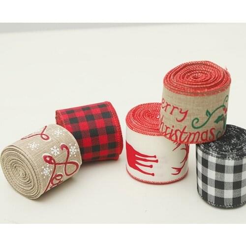 1Pcs Christmas Plaid Ribbons Linen Ribbon Christmas Tree Decoration Bow Xmas Gift wrapping Decorations