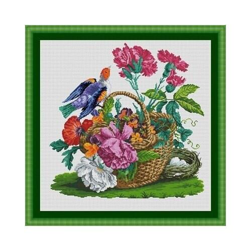 30-flowers and birds in a basket Counted Cross Stitch 11CT 14CT 18CT DIY Cross Stitch Kits Embroidery Needlework Sets