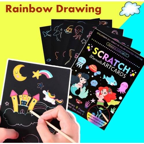 9Pcs Magic Rainbow Color Scratch Art Painting Paper Card Kit Cartoon Dinosaur Unicorn Drawing Board Kids DIY Educational Toys
