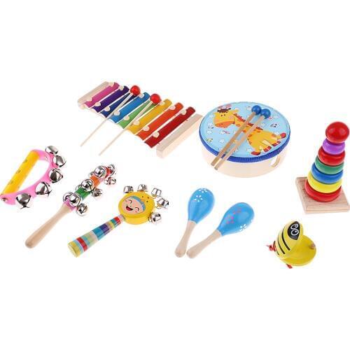 9Pcs Orff World Educational Wooden Musical Instrument Percussion Drums Bell Childrens Toys Gift Stimulate babys sensory