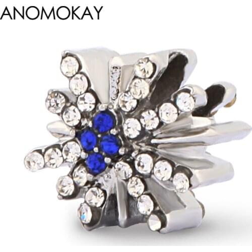 Anomokay Classic Dark Blue Crystal Snowflake Charm fit Bracelets Bangles White Snowflake Crystal Beads for DIY Jewelry 2 Pcs/Lot