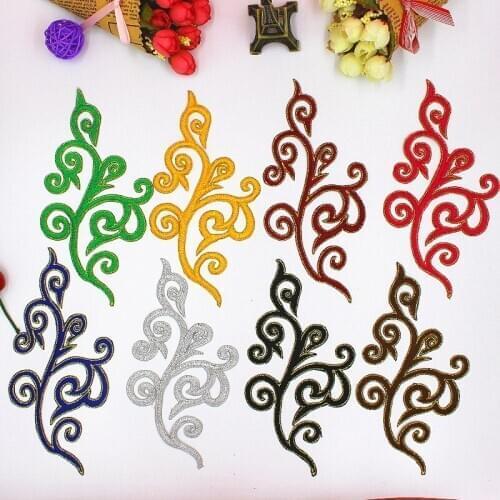 5 Pairs/Lot Iron on Embroidered Appliques Gold Trims Colored Flower Mirror pairs patches 18*9cm