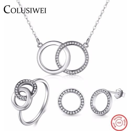 COLUSIWEI Real 925 Sterling Silver Simple Round Sets Vintage Fashion Ring Fine pendant Necklace For Women Party Jewelry