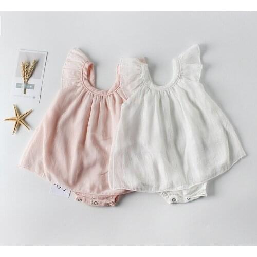 Summer 2021 Babys Two Piece Set Infants Crew Neck Net Yarn Fly Sleeves Romper Dress Elastic Hem Jumpsuit Hat for Toddler