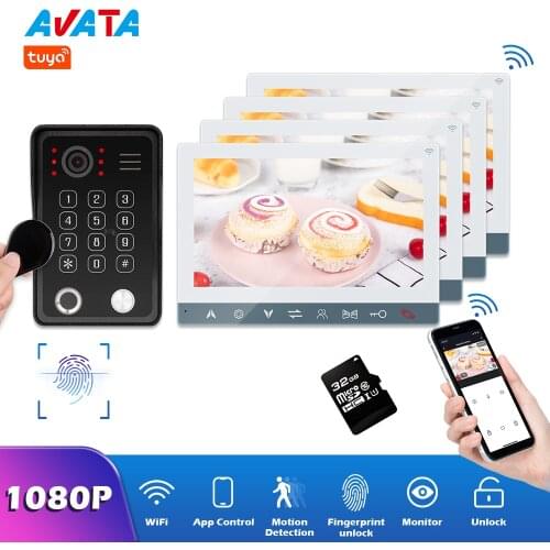 4 pcs Video Door Phone Tuya WIFI Intercom with 1 Video Doorbell Camera 1080P With Keyboard RFID Password Fingerprint Unlocking