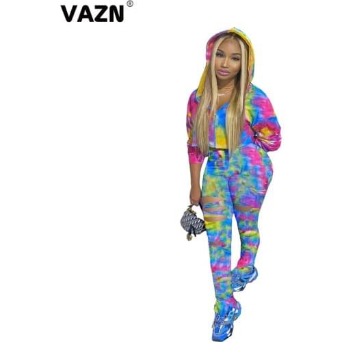 VAZN 2020 Top Quality Fancy Daily Young Casual Daily Regular Hooded Full Sleeve Cloth Group Long Pants Slim Women 2 Piece Set