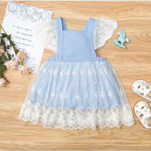 Summer Baby Girls Dress Lace Sleeve Dress Mesh Floral Princess Backless Sundress Clothing