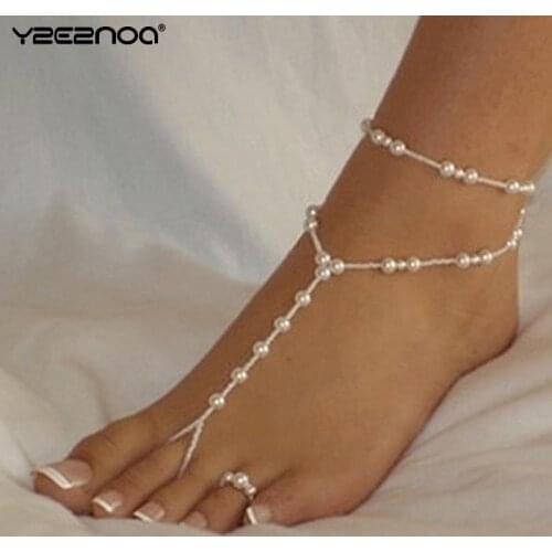 Summer Sexy Pearl Bead Anklets Bohemian Multilayer Tassel Golden Ankle Bracelet Foot Jewelry Beach Barefoot Sandals