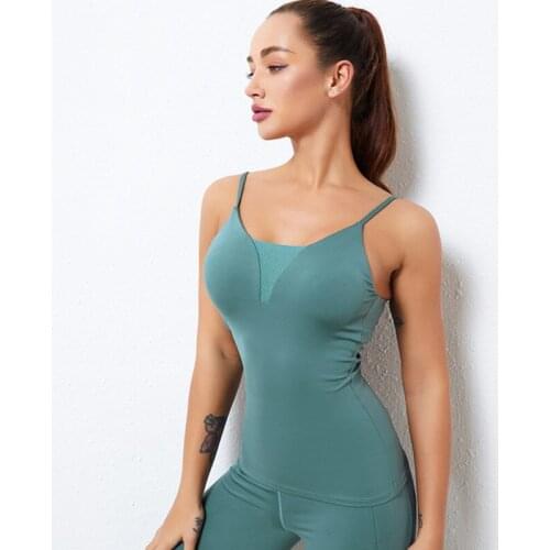 Summer New Women V-Neck Net Yarn Patchwork Camisole With Chest Pad Sports Vest Sexy Beauty Back Quick-Drying Yoga Dance Top