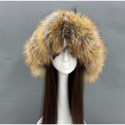 Fur Hat Russian Style Luxury Warm Fox Fur Cap Fluffy Raccoon Fur Hat With Earflaps Outdoor Bomber Hat Winter Womens Cap 2021
