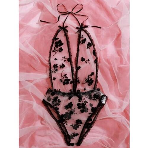 New Sexy Lingerie Female Women Underwear Black Print Lace Belt Perspective Mesh Yarn Exotic Honeymoon Plus Size S-XXL