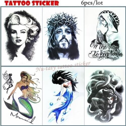 Nu-TATY 6pcs/lot Jesus & Mermaid Temporary Tattoo Body Art Arm Flash Tattoo Stickers 12*20cm Waterproof Tatto Henna Fake Tatoo