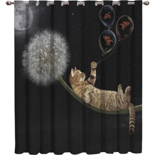 Dandelion Cat Room Curtains Large Window Living Room Decor Fabric Curtain Panels with Grommets Party Decoration Window