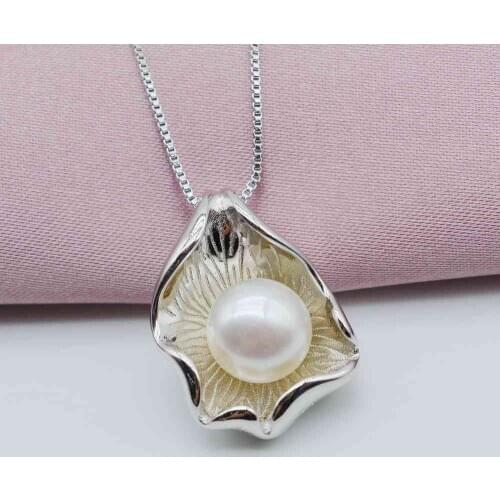 Fashion shell pendant necklace, natural white freshwater pearl, 925 sterling silver, shell shape, girl necklace