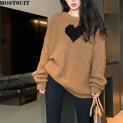 Thicken Warm Heart Knitted Pullover Sweater Women Full Sleeve O-neck Loose Jumpers Casual Fashion Female Tops Femme 2021