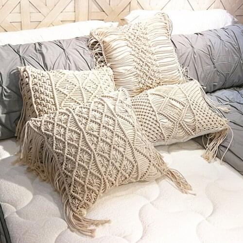 Cushion for Sofa 45*45cm Cotton Rope Macrame Hand-woven Cotton Thread Pillow Cover Geometry Bohemia Style Pillow Case Home Decor