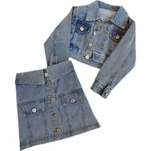 Girls Casual Denim Sets Cotton Jacket+skirt 2pcs Baby Letter Outerwear Clothes Suits Student Short Bolero for Children Princess