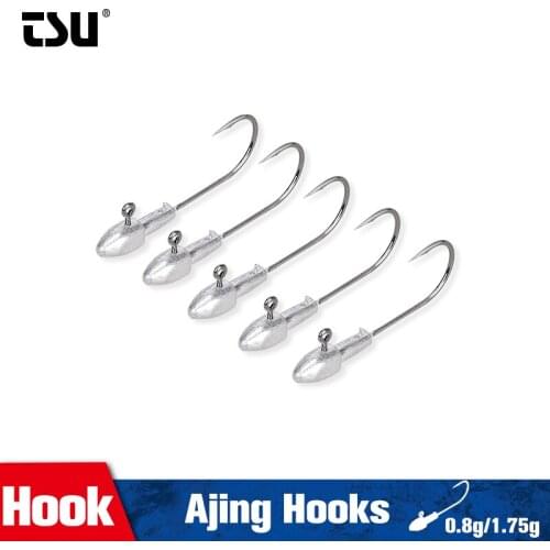 TSURINOYA Light Game 0.8g 1.75g Jig Head Rockfish Fishing Hooks 5PCS Finesse AJING Soft Lure Worms Hook With Ultralight Rod
