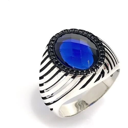 Sapphire Navy Blue Oval Custom Production New Silver Men 'S Ring