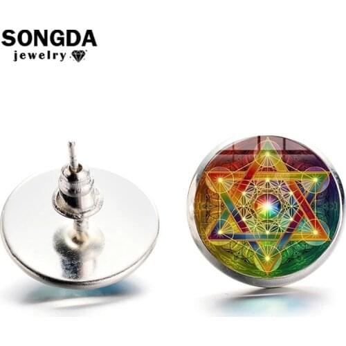 SONGDA Metatron Cube Earrings for Women Sacred Geometry Flower of Life Art Photo Glass Dome Earrings Hexagram Jewelry Oorbellen
