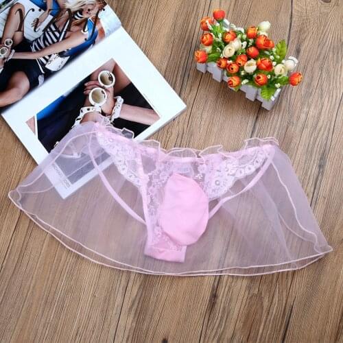 Sissy Lace Flower Briefs Men Bulge Pouch Panties Thongs Mini Skirt Crossdress Costume Organza G-string Gay Male Sexy Underwear