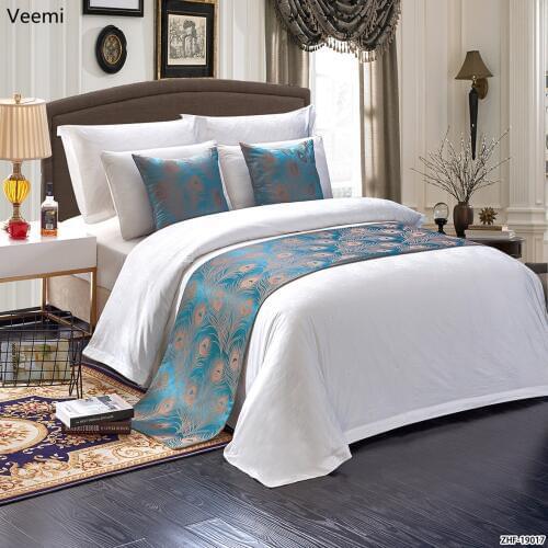 Blue Feather High-grade Bed Runner Bed Tail Towel For Home Hotel Elegant Rice White Leaves Bed Flag Pillowcase Table Runner