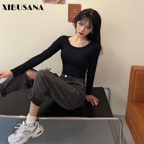 XIBUSANA T-Shirts for Womens 2020 Autumn New White Solid Long Sleeve O-Neck Skinny High Elasticity Casual Harajuku Tops Female