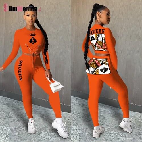 Autumn Women Street Tracksuit Two 2 Pieces Set Cartoon Print Poker Spades Q Letter QUEEN Print Long Sleeves Crop Tops & Trousers