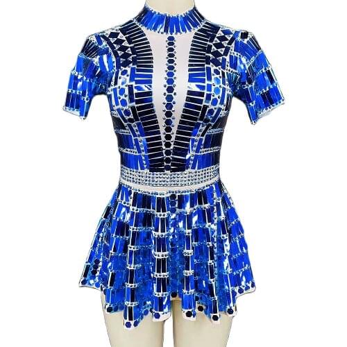 Mirror Sequins Short Sleeve Dress Mini Sparkly Clothing For Women Stage Wear Lady Bar Dance Clothing Performance Suit