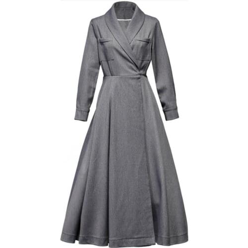 New arrival spring autumn elegant notched dress women office lady lapel high waist big swing a-line dress