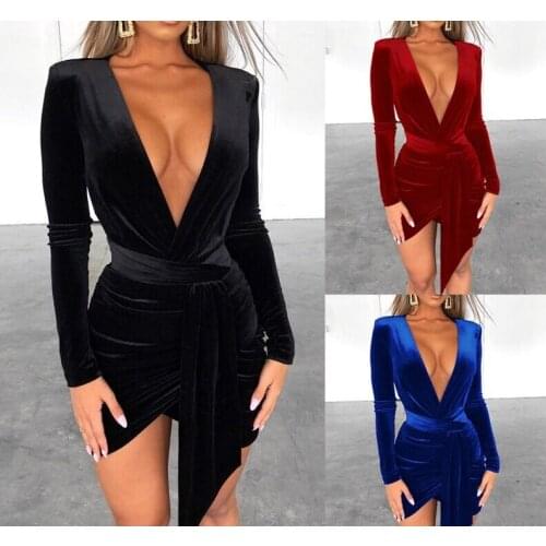 2020 Spring Velvet Deep V Neck Sexy Dress Women Long Sleeve Bodycon Dress Elegant Mini Vestido Bandage Party Dress Clothes
