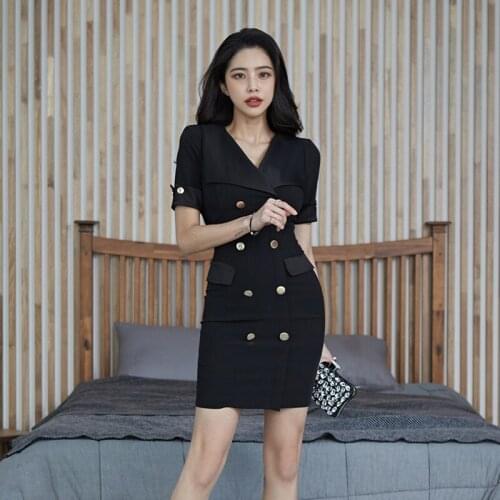 New arrival fashion party dress women elegant vintage v-neck black simple temperament office lady slim mini pencil dress