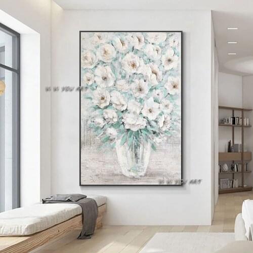 100% Handmade White Flowers With Green Leaves Painting Oil Painting On Canvas Decorative Wall Art For Living Room