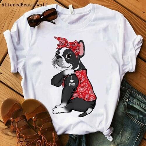 2021 Boston Terrier Mom Tshirt Women Harajuku I Love Mom Bandana Print T-shirt Summer Short Sleeve Clothes T Shirt Female