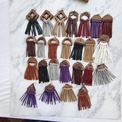 3pairs per set Handmade Suede Leather Tassel Macrame Wooden Frame Moon Shape Drop Earring For Women