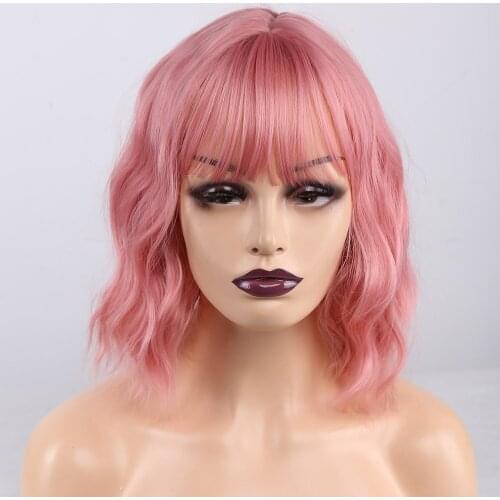 Amir Short Wavy Synthetic Wigs Pink brown Blonde Bob Wigs for Black Women African American with Bangs Heat Resistant Cosplay Wig