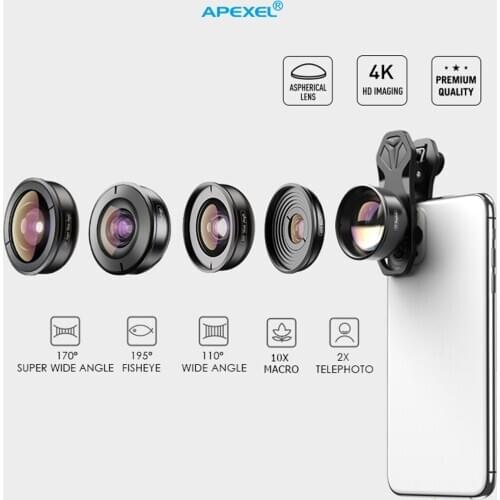 APEXEL 5in1 Mobile Phone Lens Kit Photography HD4K Fisheye Lens Ultra Wide Angle Macro Telescope Lens Independent CPLStar Filter