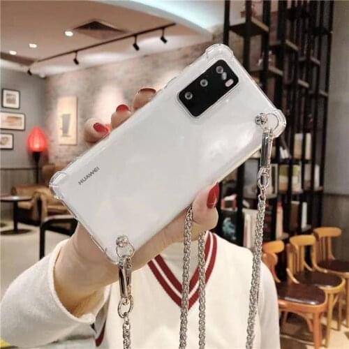 Transparent Strap Cord Metal Chain Tape Necklace Phone Cases For huawei p20 p30 pro Mate20 p40 pro Cover funda