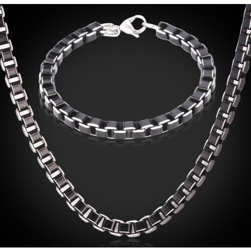 Black Necklace Bracelet Jewelry Set For Men Chain Free Shipping Aluminum Alloy Trendy Box Chains Fashion Men Jewelry Sets GNH203