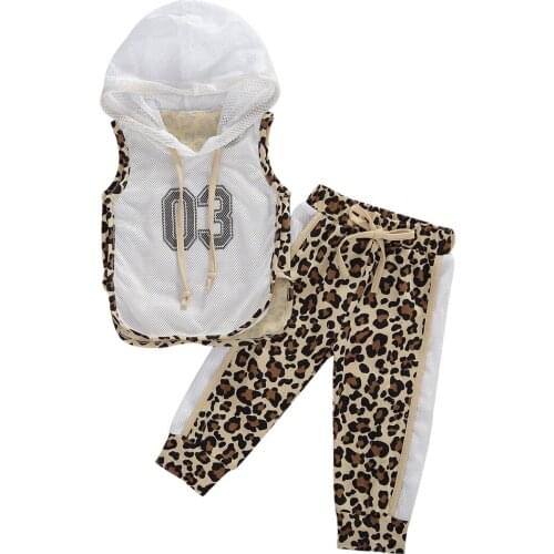 Citgeett Summer Girls Clothes Sets Sportswear Suit Mesh Sleeveless Hooded Top +Leopard Print Pants Set