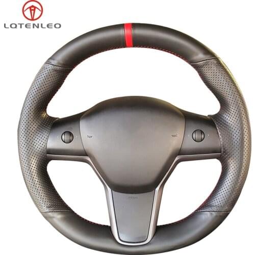 LQTENLEO Black Genuine Leather Hand-stitched Car Steering Wheel Cover For Tesla Model 3 2015-2020 Model Y 2019 2020