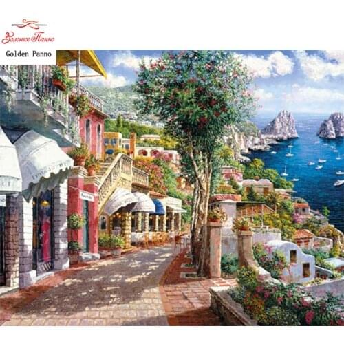 Golden Panno,Needlework,DIY Cross stitch,Sets For Embroidery kit 14ct unprinted seaside town cross-Stitching,christmas 1010