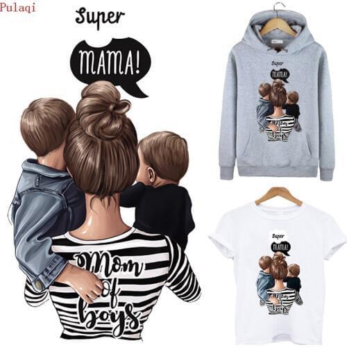 Pulaqi Mom Of Boys Cloth Patches Super Mama Clothes Sticker Iron On Accessory Heat Transfer Fashion Iron On Patches Washable DIY