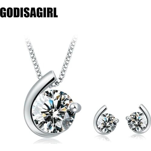 New Luxury Crystal Inlaid Moon Design925 Sterling Silver Women Stud Earrings Pendant Set Jewelry Set For Women