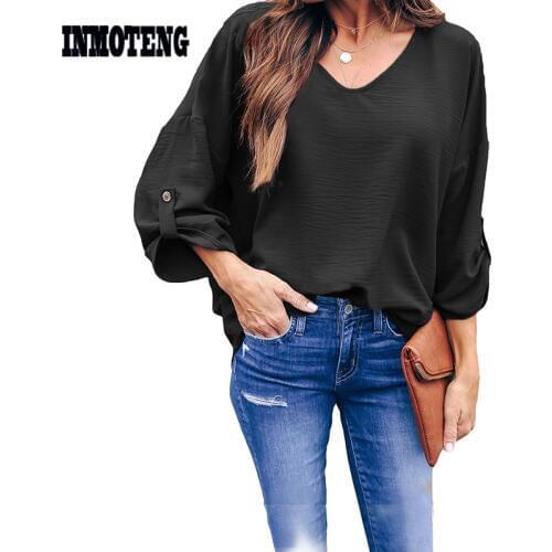 Solid Color Green/Black V Neck On Melrose Blouse Top Women Brief Autumn Spring Casual Loose Plus Size S-XXL Holiday Blouse Tops